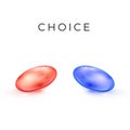 Red and blue transparent capsule drugs. Medical tablets in matrix style. Make a choice concept