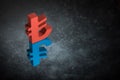 Red and Blue Turkish Currency Symbol or Sign With Mirror Reflection on Dark Dusty Background