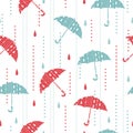 Red Blue Umbrella in Rainy Day Vector Graphic Art Seamless Pattern Royalty Free Stock Photo