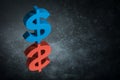 Red and Blue US Currency Symbol or Sign With Mirror Reflection on Dark Dusty Background