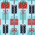 Red and blue vintage vertical seamless pattern with christmas gifts and snowflakes Royalty Free Stock Photo