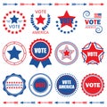 Red and blue Vote America tags and design elements set