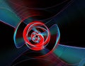 Red and blue wavy, spiral and arcuate lines create an ornament on a black background. Abstract fractal background. 3D rendering.