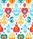 Red blue and white colorful ikat asian traditional fabric seamless pattern, vector