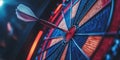 A red, blue and white dart is in the air