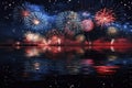 Red, blue, white fireworks above water with reflection on the black sky background Royalty Free Stock Photo