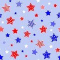 Red blue white stars on light blue background. Independence day 4th July colors. Seamless pattern. Vector illustration Royalty Free Stock Photo