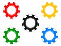 Red, blue, yellow, black and blue poker chips isolated on the white background Royalty Free Stock Photo