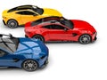 Red, blue and yellow modern electric sports cars racing - side shot