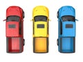 Red, blue and yellow modern pick-up trucks - top view Royalty Free Stock Photo