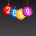 Red, Blue, Yellow, Purple Beautiful Glossy Vector Christmas Balls. 2019 Numbers. Happy New Year Design Elements Royalty Free Stock Photo