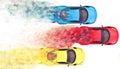 Red, blue and yellow sports cars racing - top down view
