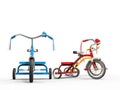 Red, blue and yellow tricycles - side view
