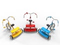 Red, blue and yellow tricycles - top view