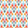 Red blue yellow and white colorful ikat asian traditional fabric seamless pattern, vector