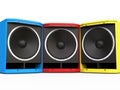 Red, Blue and Yellow woofer speakers Royalty Free Stock Photo