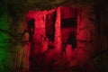 Red blurred abstract background of stalactites, stalagmites and stalagnates in a cave underground, horizontal