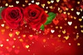 Red roses  on blurred background festive gold confetti and heart symbol greetings valentine template card background Royalty Free Stock Photo