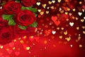 Red roses  on blurred background festive gold confetti and heart symbol greetings valentine template card background Royalty Free Stock Photo