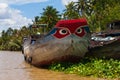 Red Blye Painted Eyes Boats on Vietnam Mekong Delta Village clo