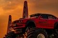 Red BMW car 4x4 bigfoot parked on green grass in Air Race 1 World Cup Thailand 2017 at U-Tapao Naval Air Base Royalty Free Stock Photo