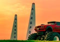 Red BMW car 4x4 bigfoot parked on green grass in Air Race 1 World Cup Thailand 2017 at U-Tapao Naval Air Base Royalty Free Stock Photo