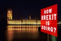 Red board with phrase & x27;How BREXIT is Doing?& x27;. Brexit Concept with parliament in background at night. London, UK Royalty Free Stock Photo