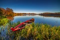 Red boat, lake landscape Royalty Free Stock Photo