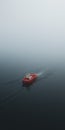 Red Boat Lost In Fog: Aerial View Environmental Portraiture