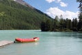 Red boat at the pier, Kucherlinskoe Lake, Belukha Natural Park, Altai Mountains, Russia