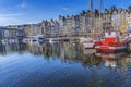 Red Boat Waterfront Reflection Inner Harbor Honfluer France Royalty Free Stock Photo