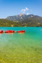 Red boats on a mountain lake Wolfgangsee, St. Gilgen, Austria Royalty Free Stock Photo