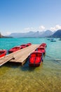 Red boats on a mountain lake Wolfgangsee, St. Gilgen, Austria Royalty Free Stock Photo
