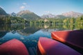 Red boats on Strbske Pleso lake Royalty Free Stock Photo