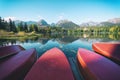 Red boats on Strbske Pleso lake Royalty Free Stock Photo