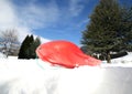 Red bob to play in the snow in the mountains in winter Royalty Free Stock Photo