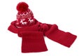 Red winter bobble hat and scarf, warm winter clothes, isolated on white