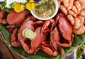 Red boild crab and shrimp arranging bamboo basket ready to eating ,seafood meal