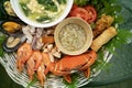 Red boild crab and shrimp arranging bamboo basket ready to eating ,seafood meal