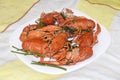 Red boiled crayfish in spices and herbs on a white plate Royalty Free Stock Photo