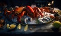 Red boiled lobsters on the dish with ice. Slices of lemon lie around. Luxurious dinner. Close up. Generative AI