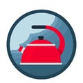 A red boiling kettle is on the stove. steam from the kettle spout. icon