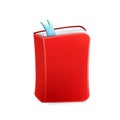 Red book icon with a blue bookmark, caricature