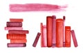 Red books. Roots on bookshelf. Three decorative elements. A stack of seven books. Nine books in row. Background line for headline