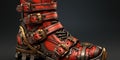 A red boot with gold and silver buckles. Generative AI image.