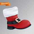 Red boot of Santa Claus with a white fur and a black belt with a golden buckle. Realistic vector illustration of an empty close up