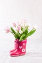 Red boots with tulips on wooden background Royalty Free Stock Photo