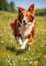 Red border collie dog running in a meadow. Royalty Free Stock Photo