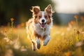 red border collie runs in the meadow with yellow flowers, cute dog running in the green grass on a sunny summer day, AI Generated Royalty Free Stock Photo