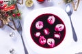 Red borsch with uszka kind of traditional dumplings, tradition Royalty Free Stock Photo